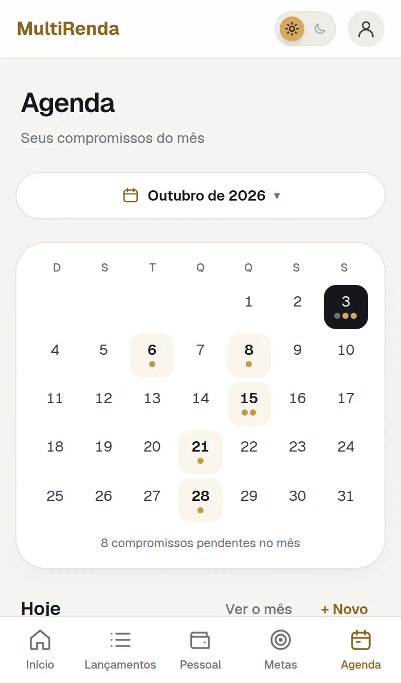 Agenda com o calendário do mês e os dias marcados