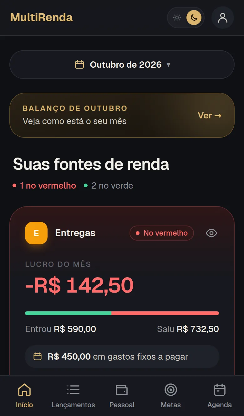 Tela inicial no modo escuro
