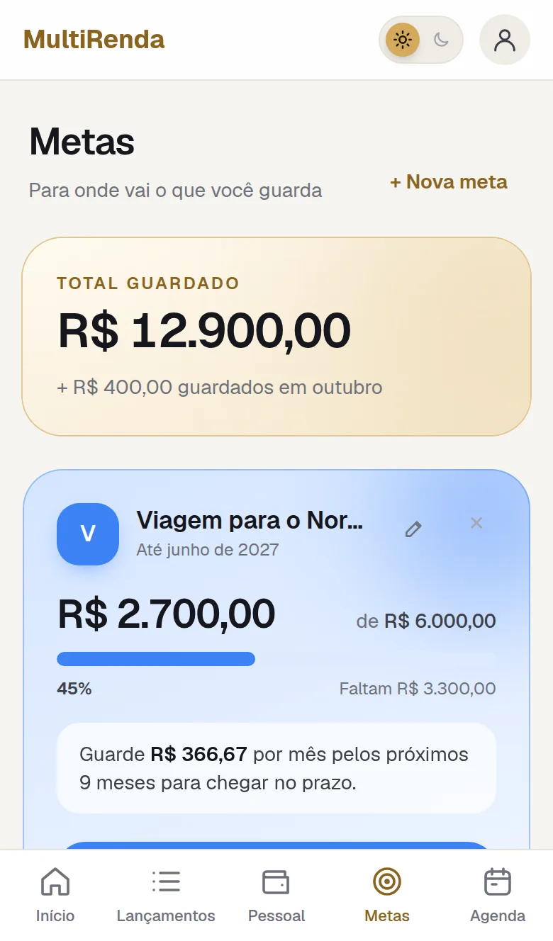 Metas de economia com barra de progresso