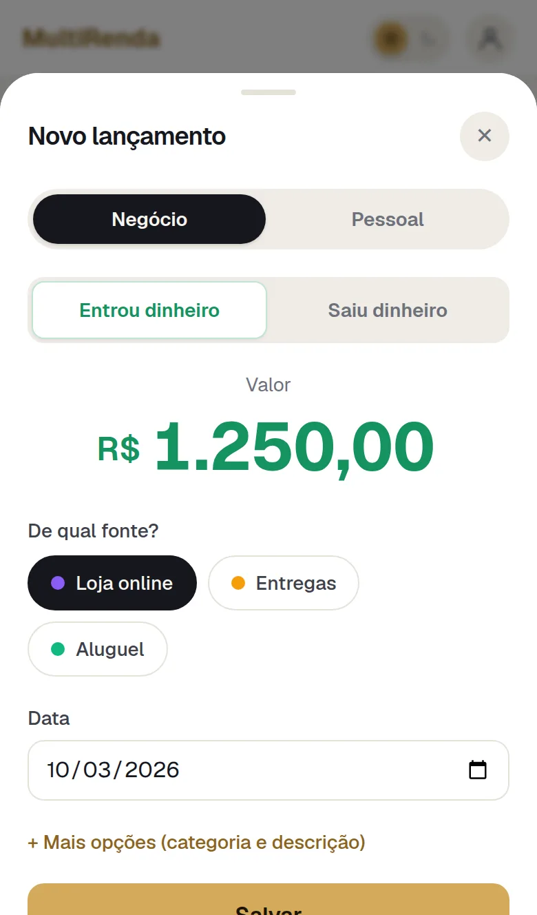 Novo lançamento com o valor digitado