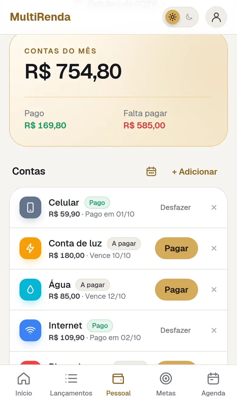 Contas pessoais do mês com valores pagos e a pagar