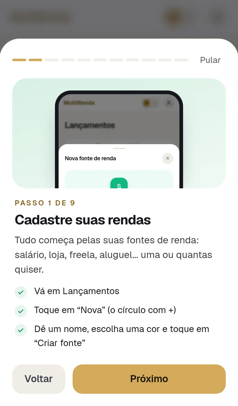 Tutorial passo a passo que abre no primeiro acesso